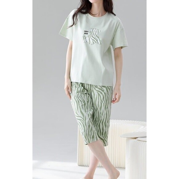 100% Cotton Women Capri Pajama Set 2 Pcs Short Sleeve Top Capris pants Sleepwear - Picture 6 of 9